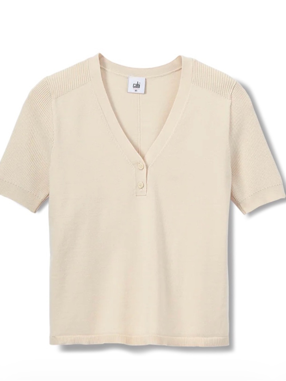 Cabi Cable & Gauge Cream V-Neck Short Sleeve Knit Top